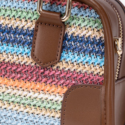 Vivacious Rainbow Striped Vegan Eco-leather Boston Clutch Bag with Cute Dachshund Charm