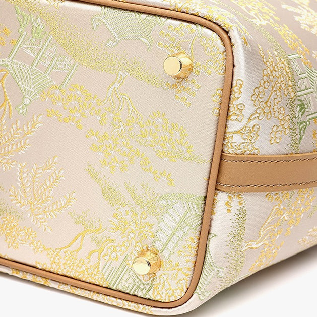 Serene Oriental Garden Genuine Leather Bucket Clutch Bag with Charm