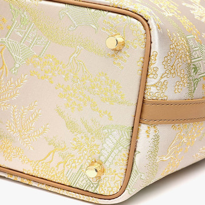 Serene Oriental Garden Genuine Leather Bucket Clutch Bag with Charm