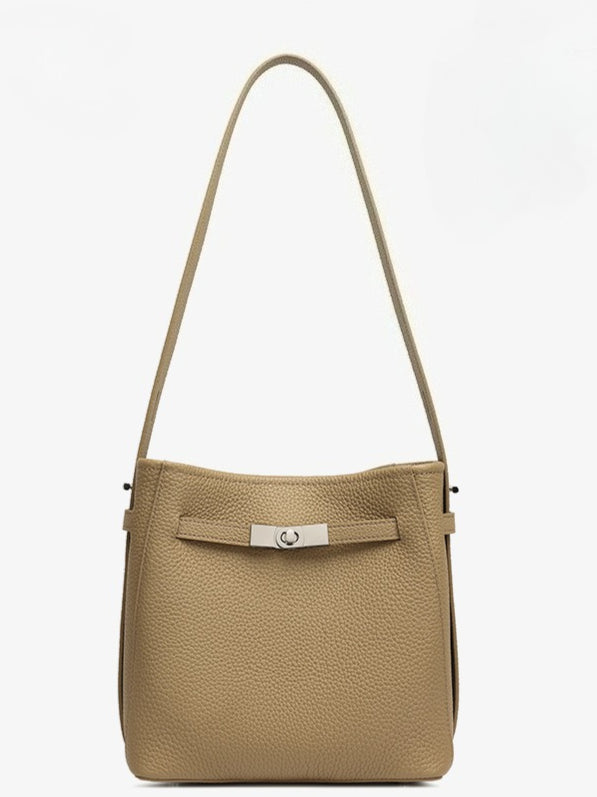Timeless Genuine Leather Bucket Bag with Polished Double-D Luxury Hardware