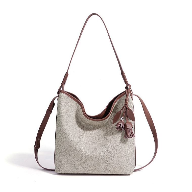 Slouchy Canvas Bucket Clutch Bag with Tassel Charm