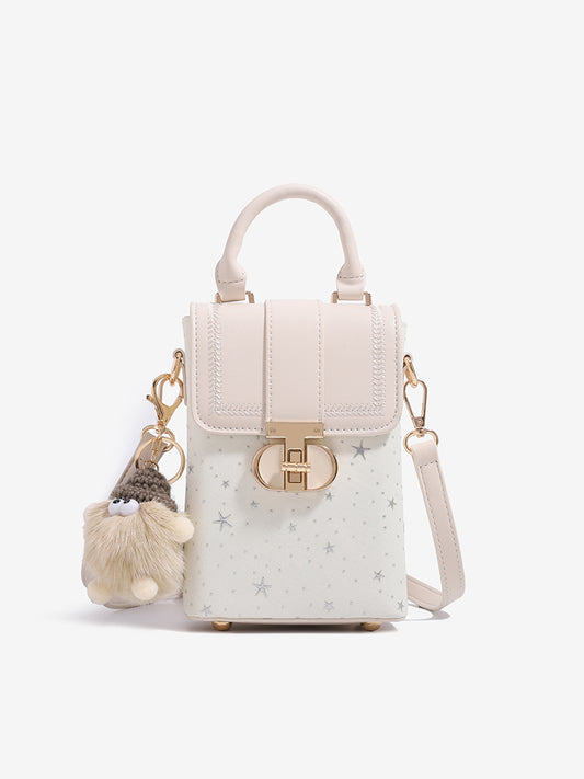 Romantic Star Vegan Eco-Leather Flap Mini Phone Handbag with Fluffy Charm