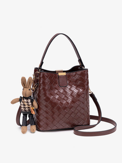 Retro Woven Vegan Eco-Leather Bucket Clutch Bag With Stuffed Bunny Charm