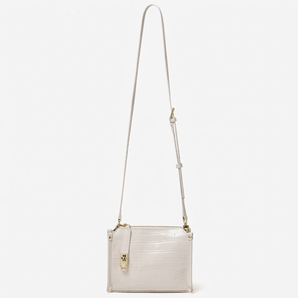 Borsa vintage a spalla e tracolla con manico in vera pelle effetto coccodrillo lucido
