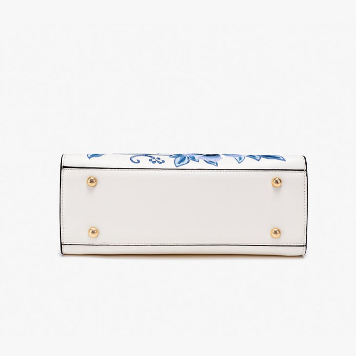 Elegant Peony Embroidered Vegan Eco-Leather Clutch Bag with Charm