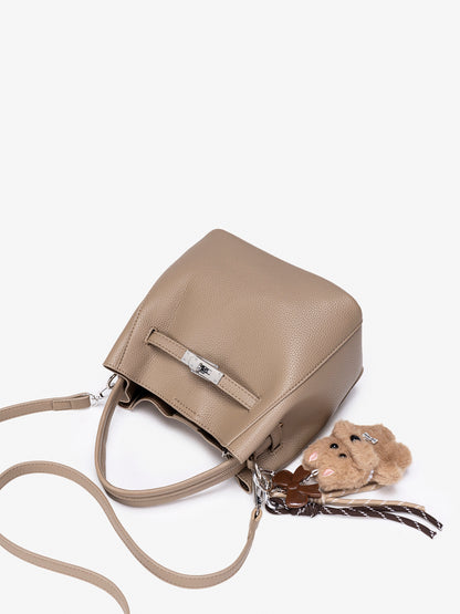 Mellow Pebble Textured Vegan Eco-Leather Bucket Bag with Fluffy Puppy Charm