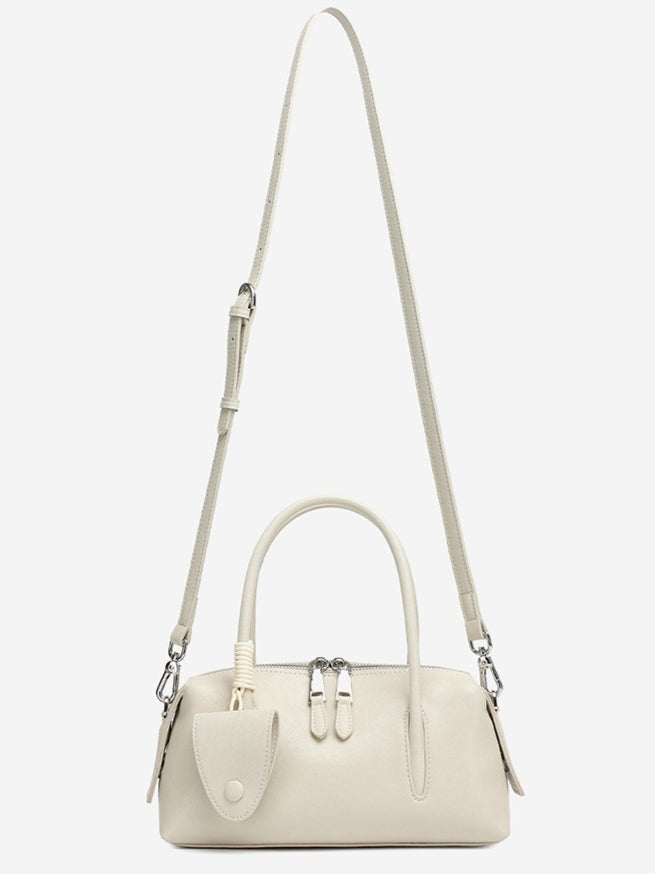 Minimalist Genuine Leather Boston Clutch Bag with Detachable Leather Tag Charm