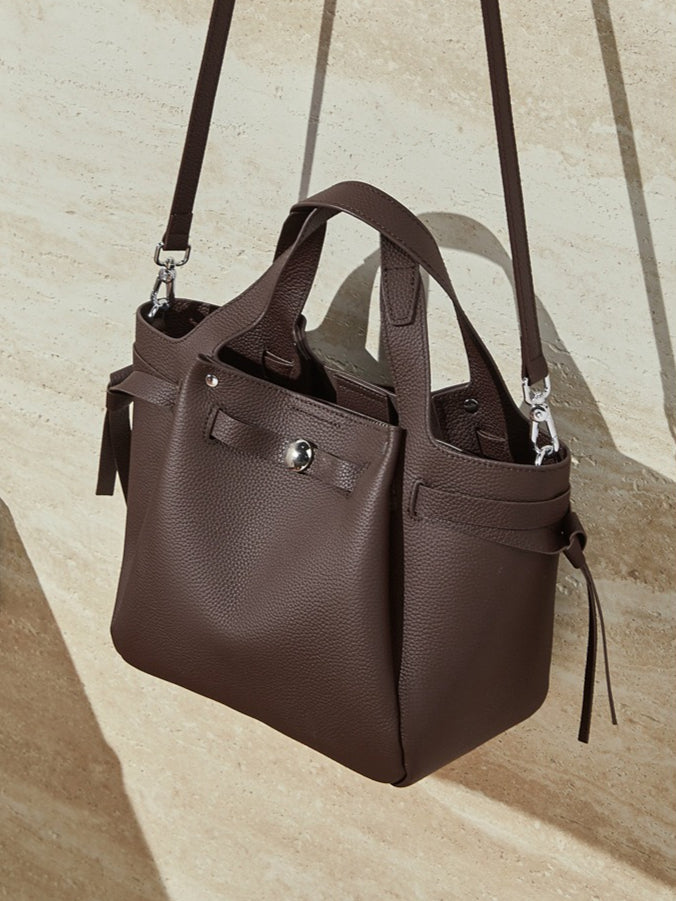The Pebbled Genuine Leather Mini Bucket Tote Bag with Turn-Lock Closure