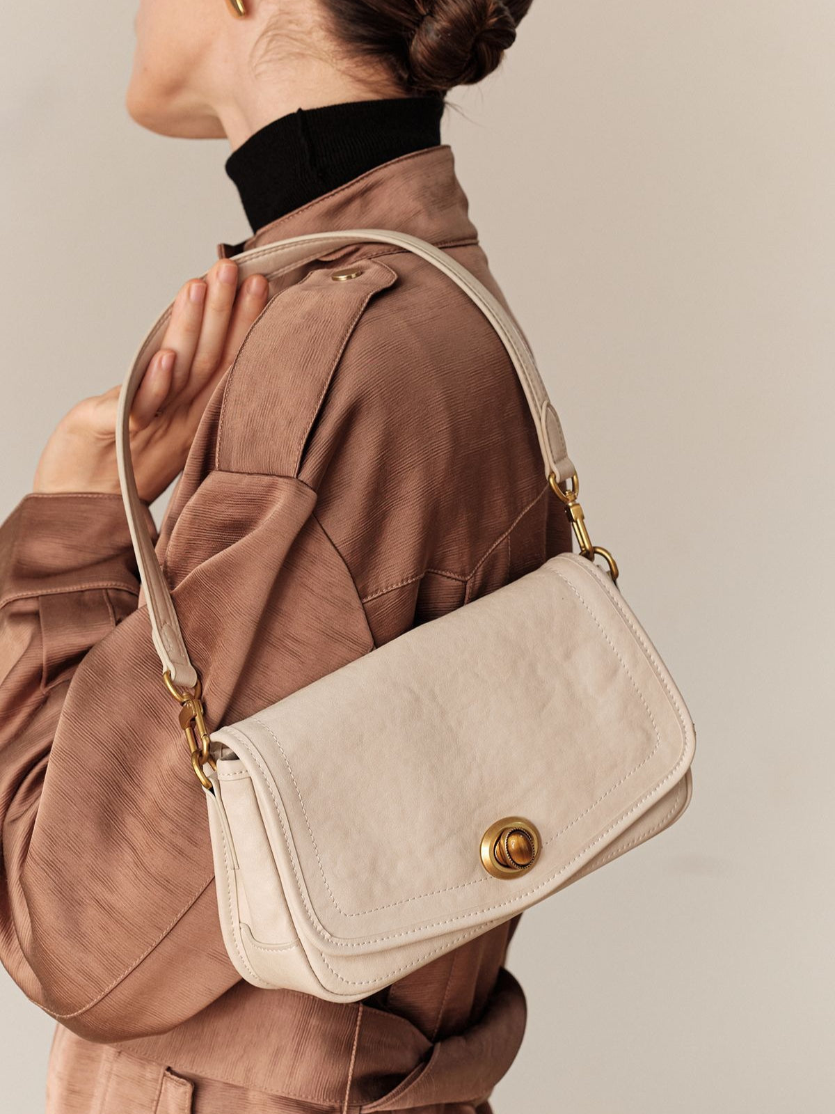 The Washed Genuine Leather Turn-Lock Flap Shoulder Crossbody Bag