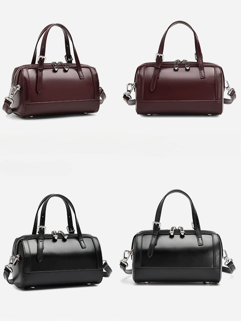 Retro Maillard Genuine Leather Boston Barrel Bag