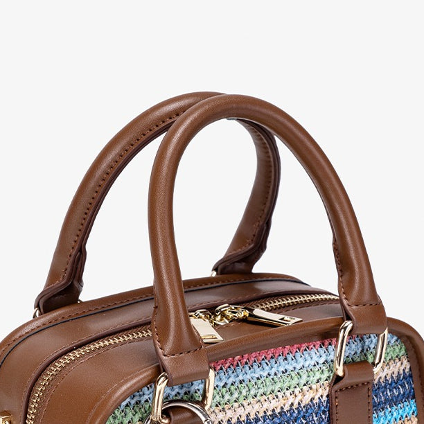 Vivacious Rainbow Striped Vegan Eco-leather Boston Clutch Bag with Cute Dachshund Charm
