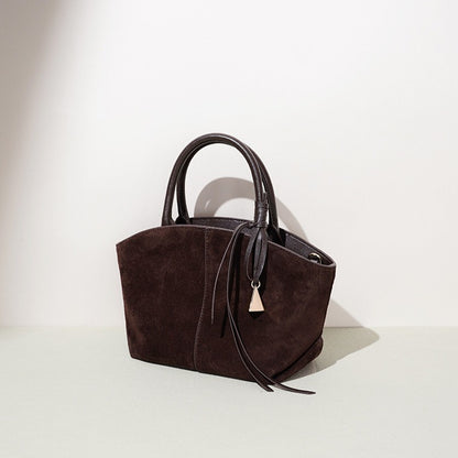 Graceful Slouchy Suede Genuine Leather Shell Tote Clutch Bag with Charm