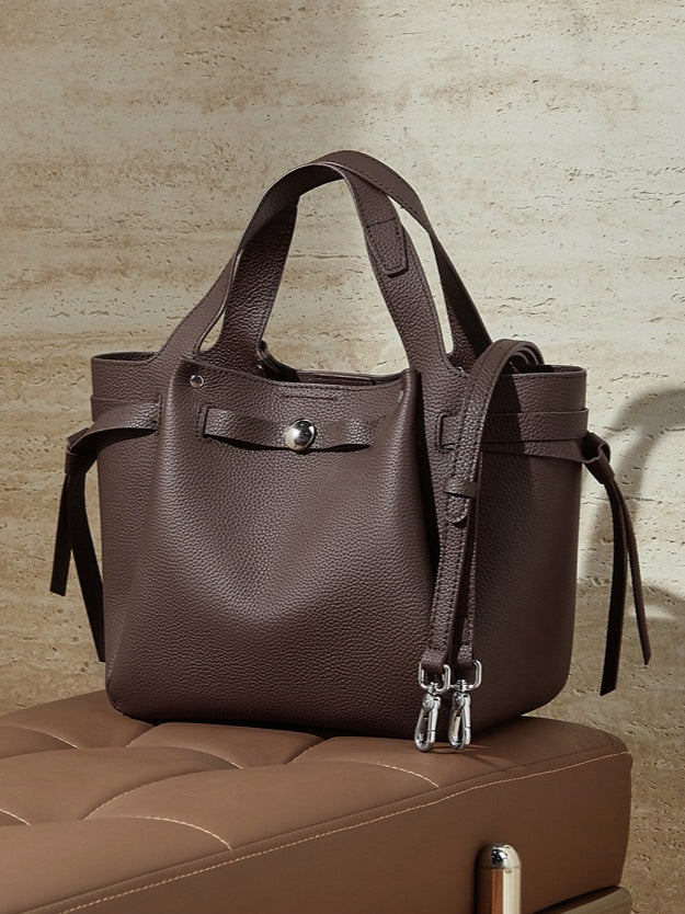 The Pebbled Genuine Leather Mini Bucket Tote Bag with Turn-Lock Closure