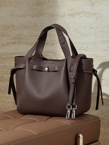 The Pebbled Genuine Leather Mini Bucket Tote Bag with Turn-Lock Closure