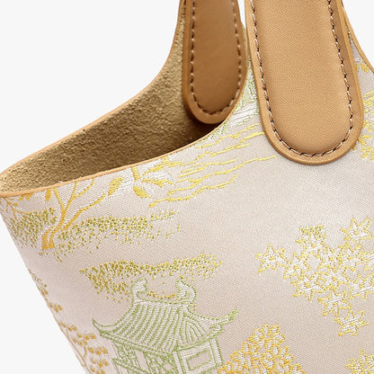 Serene Oriental Garden Genuine Leather Bucket Clutch Bag with Charm
