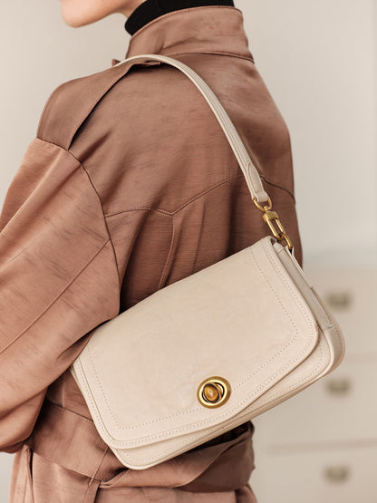 The Washed Genuine Leather Turn-Lock Flap Shoulder Crossbody Bag