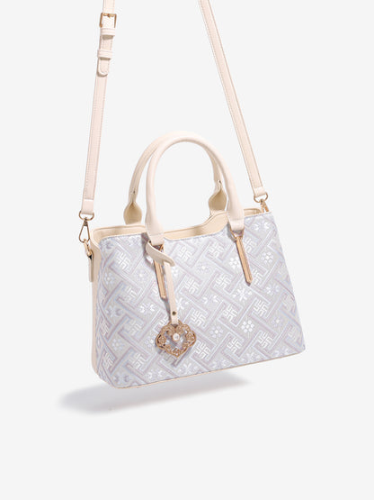 Elegant Jacquard Pattern Vegan Eco-Leather Satchel Clutch Bag with Hollow Lock Charm