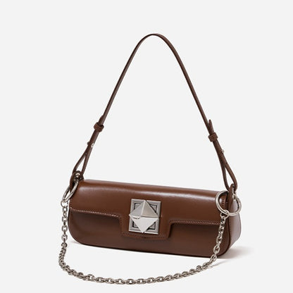 Minimalist Smooth Genuine Leather Silver Buckle Baguette Bag