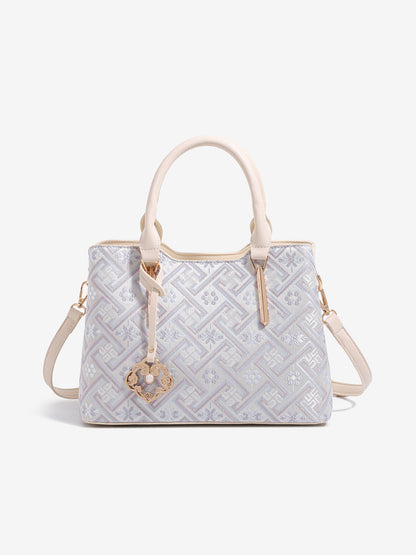 Elegant Jacquard Pattern Vegan Eco-Leather Satchel Clutch Bag with Hollow Lock Charm