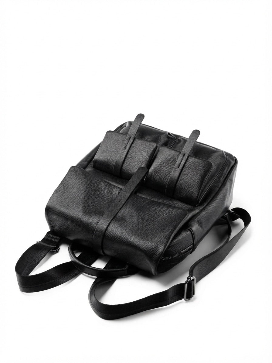 Sac à dos à rabat en cuir véritable grainé grande capacité minimaliste