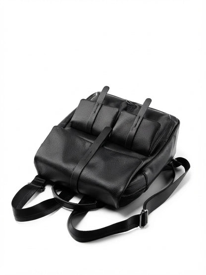 Sac à dos à rabat en cuir véritable grainé grande capacité minimaliste