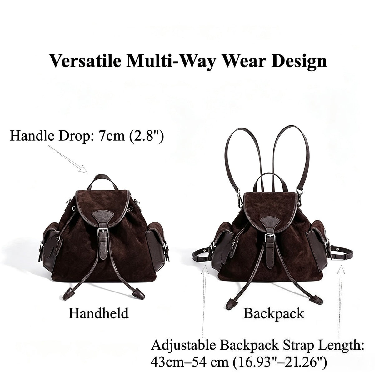 Mochila vintage de cuero genuino de ante con solapa y cordón