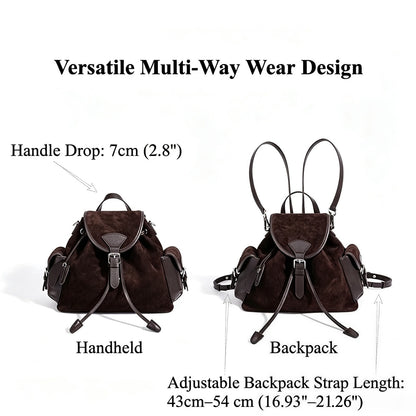 Mochila vintage de cuero genuino de ante con solapa y cordón