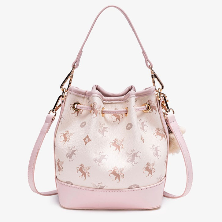 Ethereal Pegasus Pattern Vegan Eco-Leather Bucket Clutch Bag with Lovely Charm