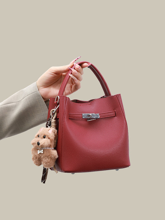 Minimalist Vegan Eco-Leather Mini Bucket Clutch Bag with Lovely Dog Charm