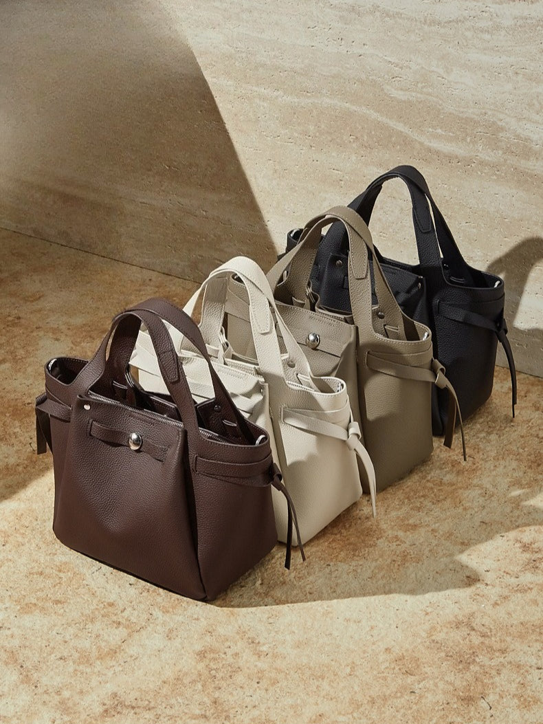 The Pebbled Genuine Leather Mini Bucket Tote Bag with Turn-Lock Closure