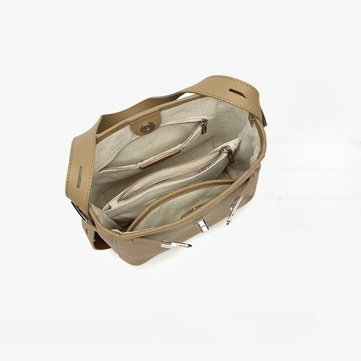 Timeless Genuine Leather Bucket Bag with Polished Double-D Luxury Hardware
