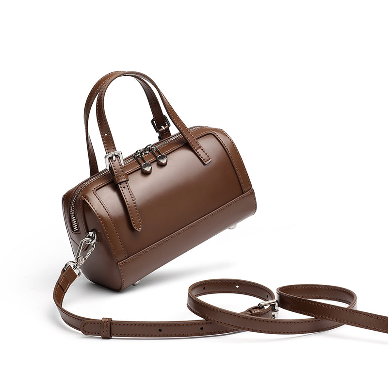Retro Maillard Genuine Leather Boston Barrel Bag