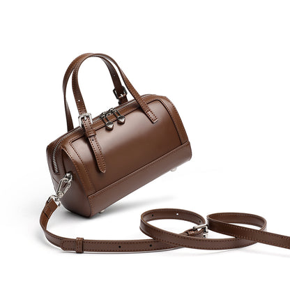 Retro Maillard Genuine Leather Boston Barrel Bag