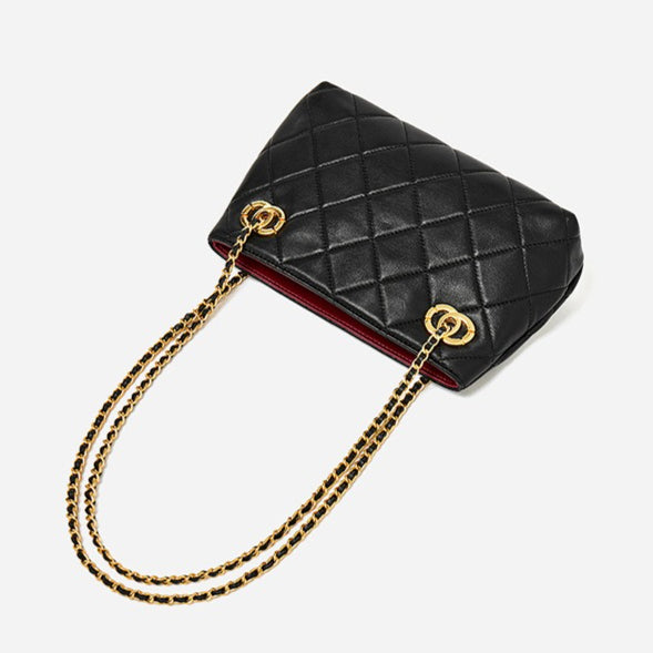 Classic Quilted Sheepskin Genuine Leather Chain Mini Tote Clutch Bag