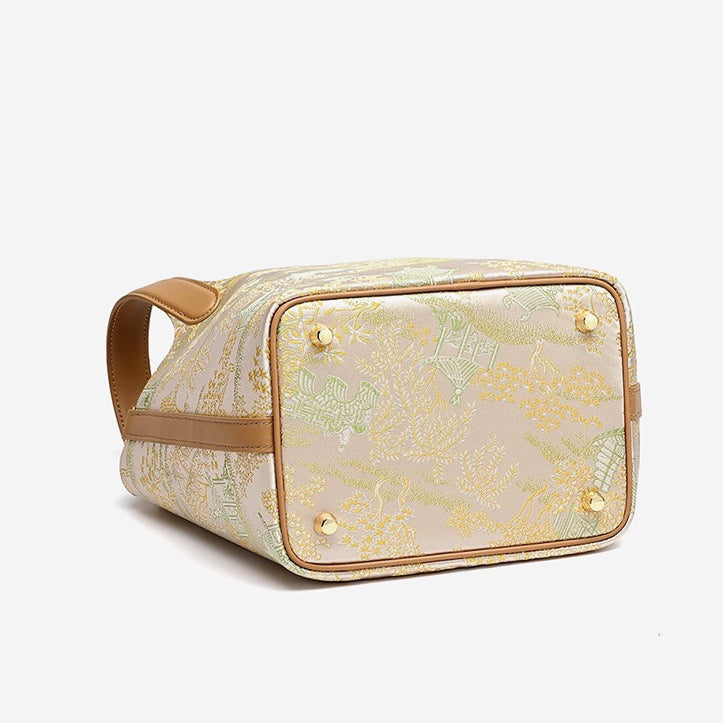 Serene Oriental Garden Genuine Leather Bucket Clutch Bag with Charm