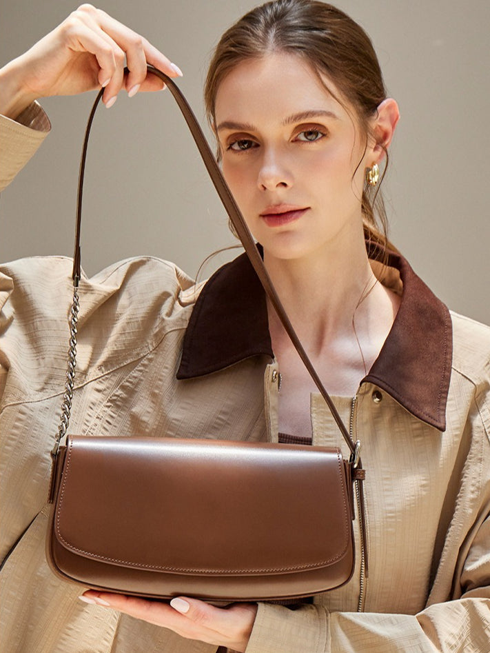 Minimalist Vintage Genuine Leather Baguette Saddle Bag