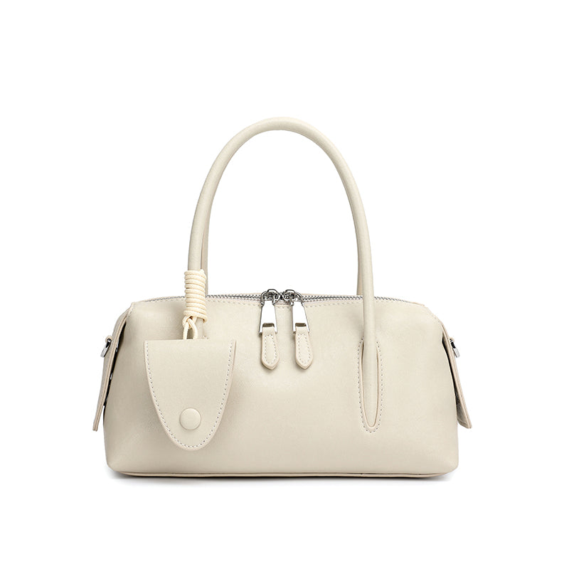 Minimalist Genuine Leather Boston Clutch Bag with Detachable Leather Tag Charm