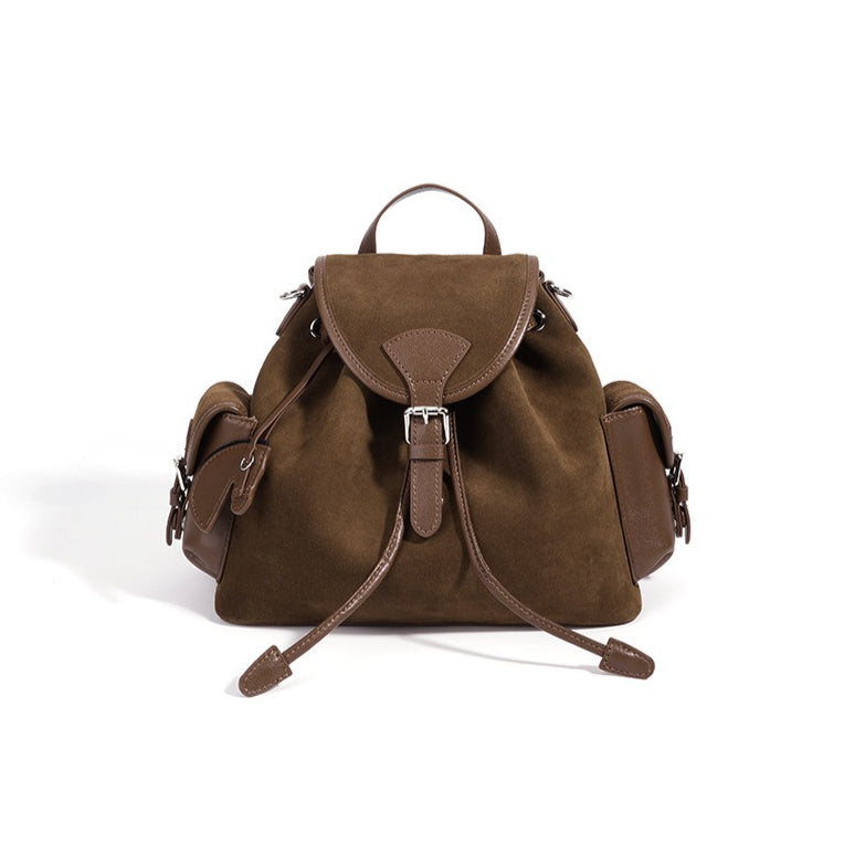 Vintage Suede Genuine Leather Flap Drawstring Backpack