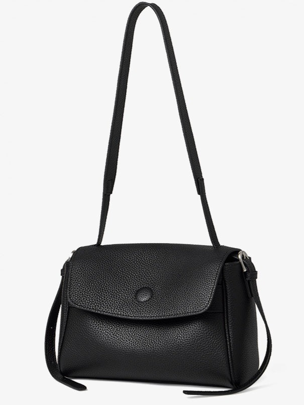 Sac bandoulière à rabat en cuir véritable grain litchi avec bandoulière réglable