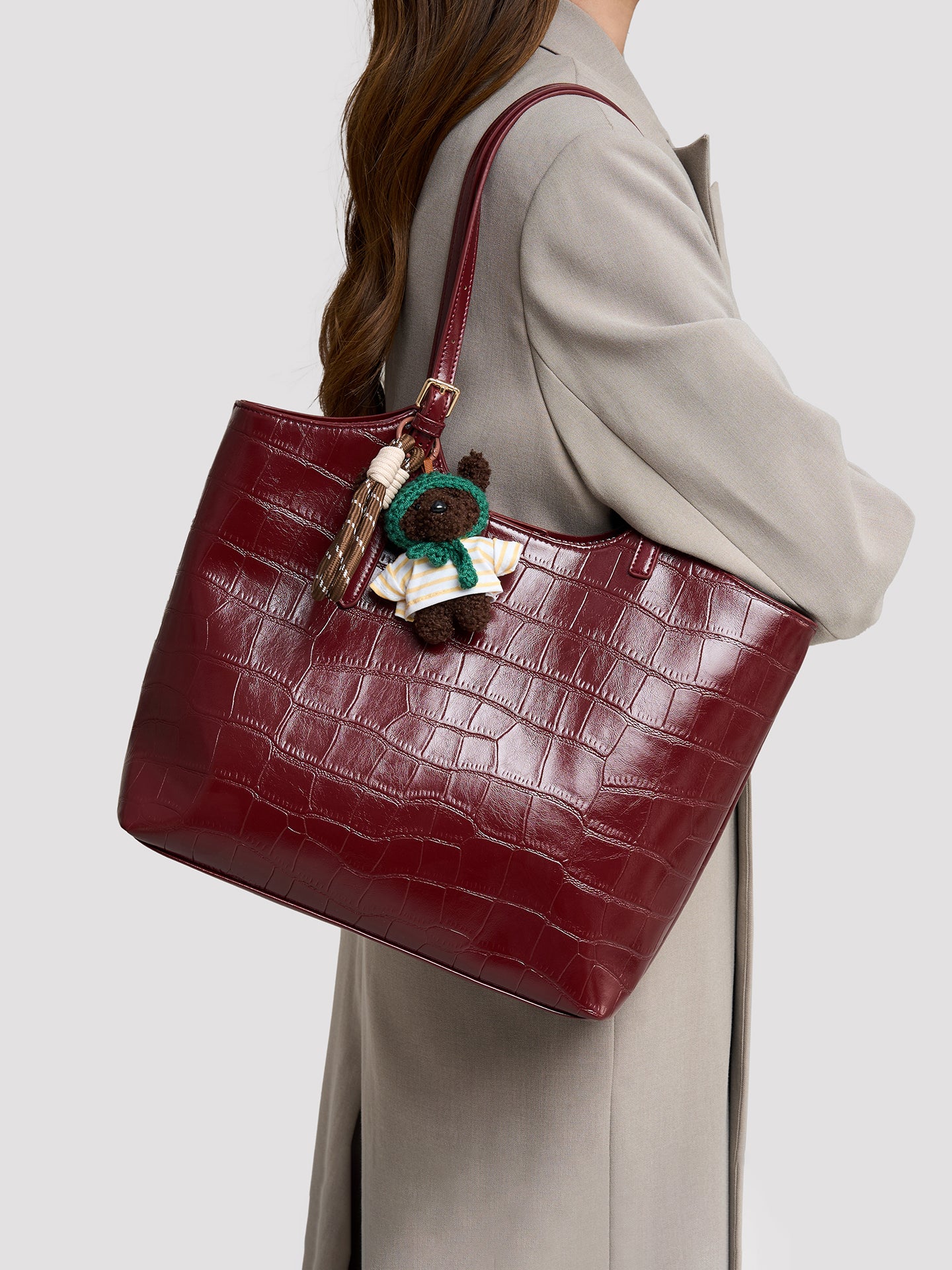 Glossy Croc Vegan Eco-Leather Shoulder Tote Bag With Bear Charm