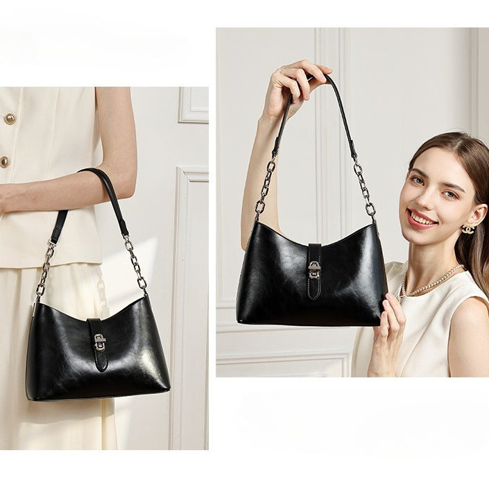 Classic Genuine Leather Underarm Bag with Metal Buckle