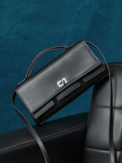 The Linear Turn-Lock Genuine Leather Bag | Minimalist East-West Handbag