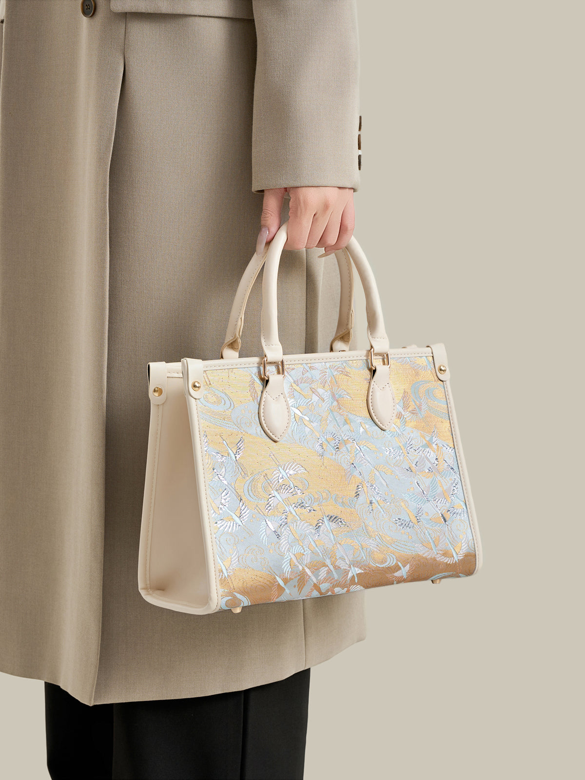 Artisanal Crane Motif Vegan Eco-Leather Tote Clutch Bag
