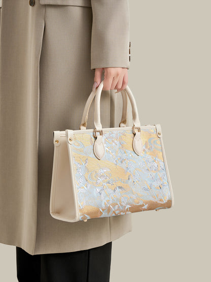 Artisanal Crane Motif Vegan Eco-Leather Tote Clutch Bag