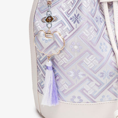 Gentle Oriental Brocade Vegan Eco-Leather Bucket Clutch Bag with Tassel Charm