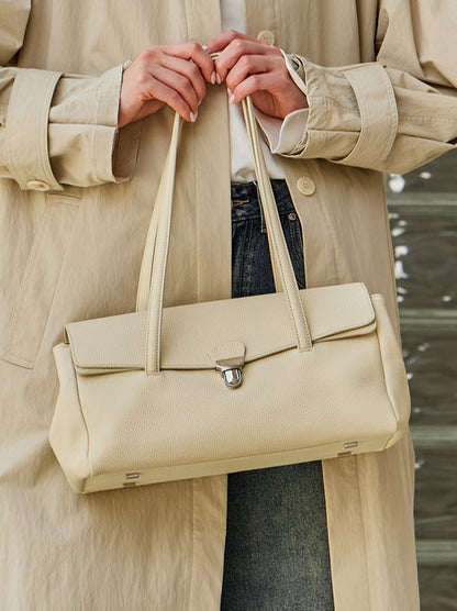 Sleek Pebbled Grain Texture Flap Genuine Leather Tote Clutch Bag