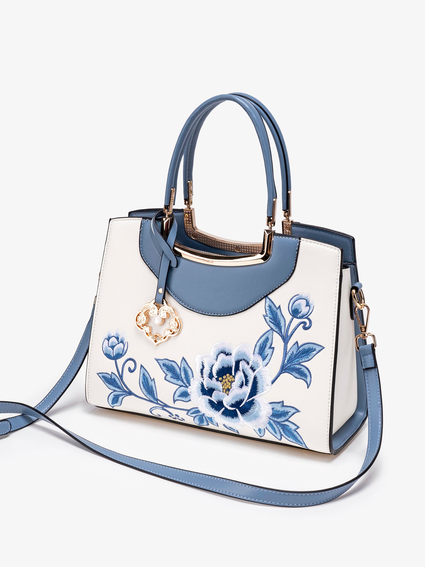 Elegant Peony Embroidered Vegan Eco-Leather Clutch Bag with Charm