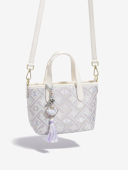 Mellow Oriental Jacquard Vegan Eco-Leather Tote Clutch Bag with Tassel Charm