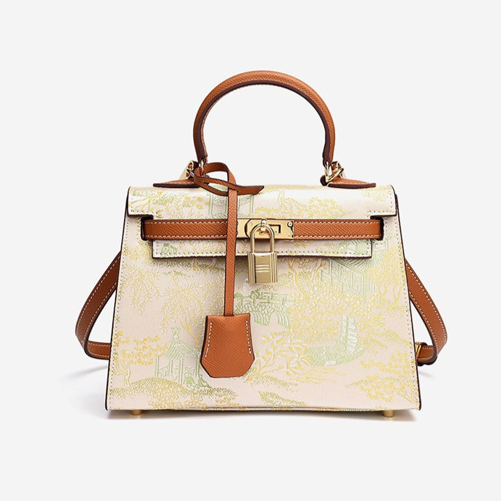 Elegant Oriental Brocade Genuine Leather Kelly Clutch Bag with Charm