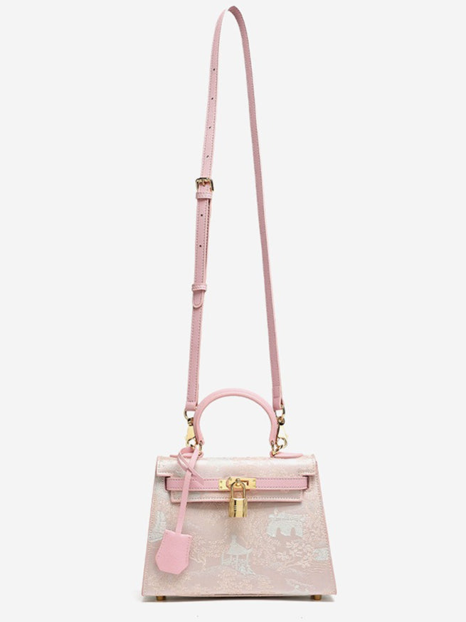 Elegant Oriental Brocade Genuine Leather Kelly Clutch Bag with Charm